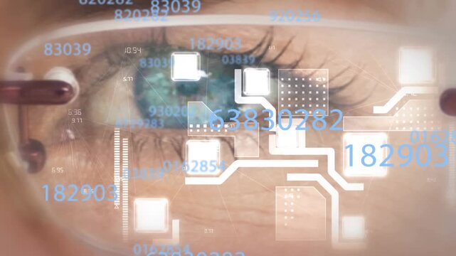 Animation of computer circuit board and data processing over eye of caucasian woman