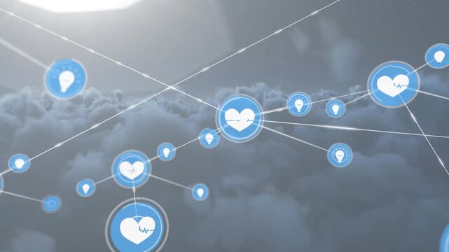 Animation of network of digital icons against dark clouds in the sky