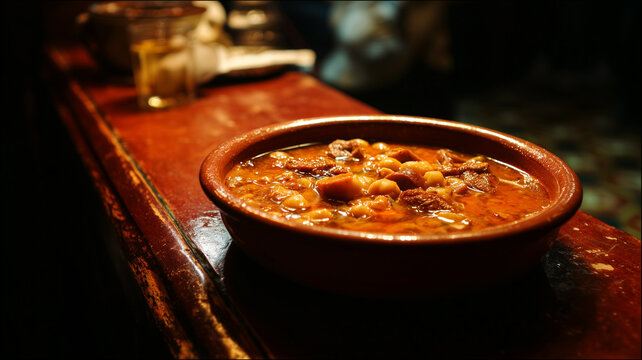 A warm bowl of Callos a la Madrile&ntilde;a, a classic Spanish tripe stew with chorizo, morcilla, and chickpeas served in a traditional clay pot (cazuela).
