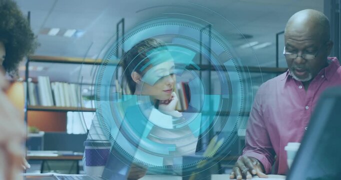 Animation of scope scanning over diverse business people in office