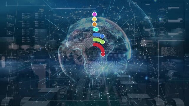Animation of multicolored curve and connected dots forming globes over motherboard
