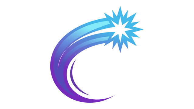 Blue and purple gradient shooting star vector icon illustration. Stylized comet with starburst head and curved trail, perfect for space science, astronomy, and celestial themed graphic designs.