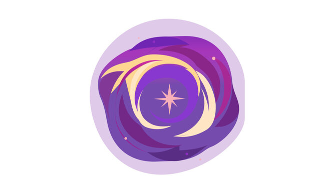 AI-generated vector illustration of a stylized purple and pink cosmic galaxy swirl icon with a bright central star, minimalist flat design for space science, astronomy, and nebula concepts.