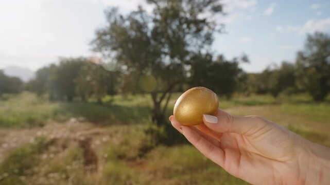 A Hand Holds Up a Golden Easter Egg Against a Backdrop of Trees and a Sunlit Field. Slow motion.