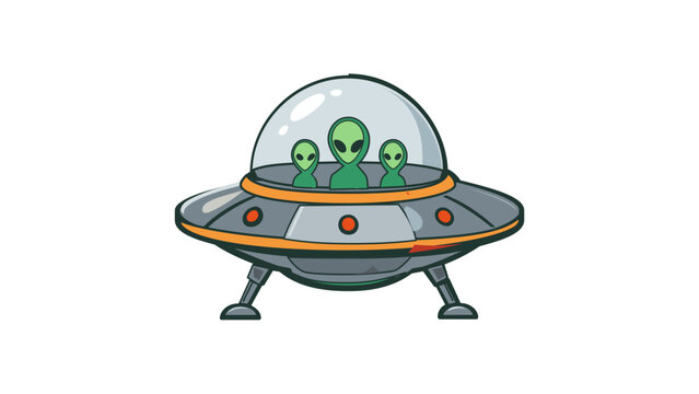 Cartoon UFO flying saucer vector illustration featuring three green aliens inside a transparent glass dome, metallic spacecraft with orange lights and landing gear for space science projects.