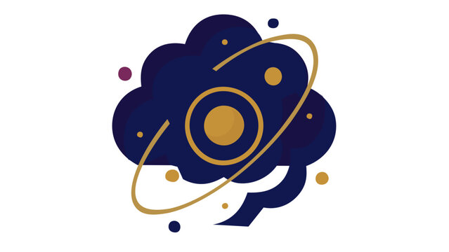 Abstract vector illustration of a cosmic galaxy icon featuring a golden central sphere, orbiting rings, and a vibrant nebula in deep blue and magenta, ideal for space science and astronomy.