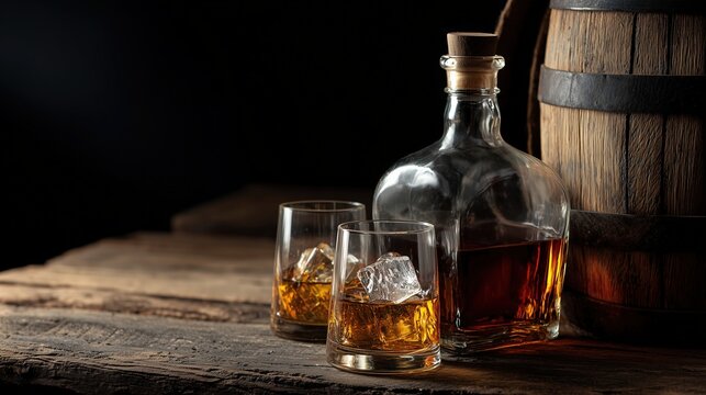 Verres de whisky avec gla&ccedil;ons et bouteille sur table en bois rustique