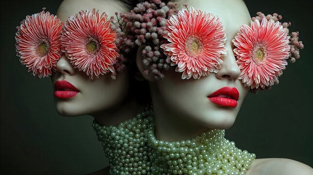 Portrait artistique de deux femmes avec des fleurs color&eacute;es sur les yeux