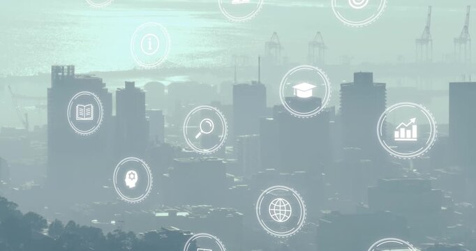 Animation of media icons over cityscape