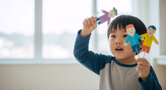 Young East Asian boy playing with paper puppets. Child storytelling with handmade figures on sticks. Creative play and early childhood education concept. Copy space on the left