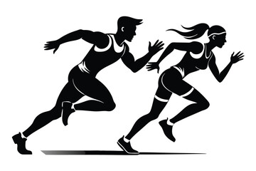 Obraz premium male and female speed runner silhouette line art vector illustration with a white background