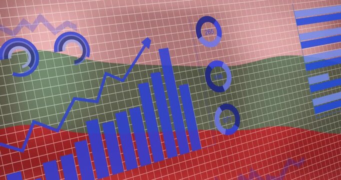 Animation of statistical data processing over grid network against waving bulgaria flag background