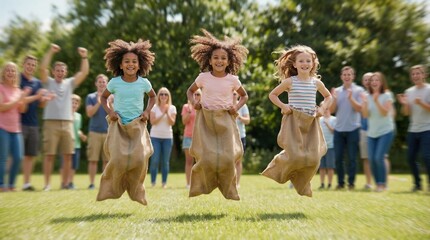 Children participating in sack race on grassy field. Diverse group of girls jumping in burlap bags. Community sports day event