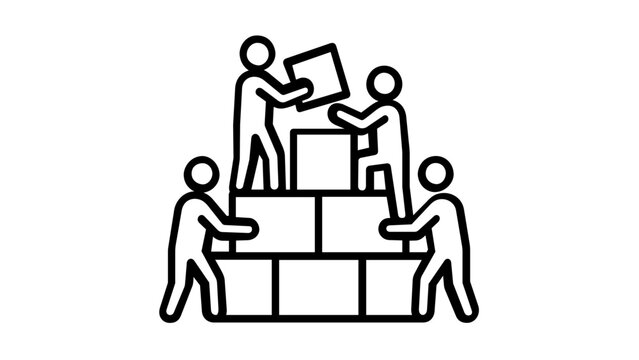 Business teamwork and collaboration vector icon illustration featuring four minimalist stick figures working together to stack blocks or boxes, symbolizing growth, branding, and partnership.