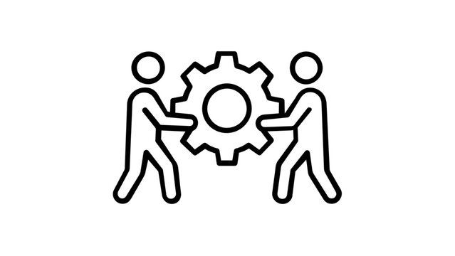 Teamwork and Collaboration Vector Icon Illustration: Two People Holding a Large Gear, Representing Business Process, Synergy, Management, Industrial Cooperation, and Branding Strategy.