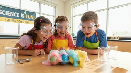 Fototapeta premium Three young children wearing safety goggles observing colorful foam science experiment. Elementary students in classroom learning chemistry. Stem education concept