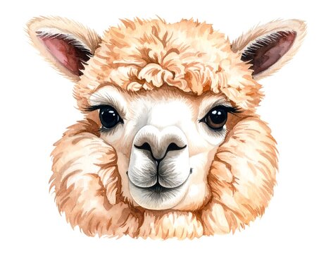 Watercolor painting of a fluffy alpaca face, with big eyes and soft fur detail
