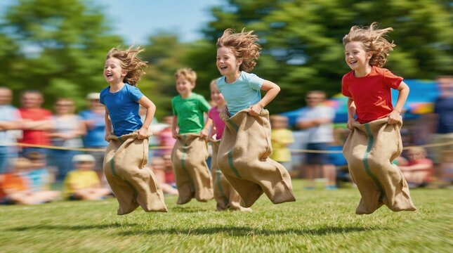 Group of children jumping in burlap sack race. Kids competing in outdoor game on sunny day. Summer camp activities and friendly competition concept
