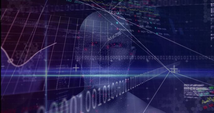 Abstract digital head silhouette projecting data streams inside 3D render interface, showing charts