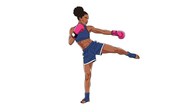 Strong black woman in blue sports gear performs a powerful high kick while wearing pink boxing gloves against a white background.