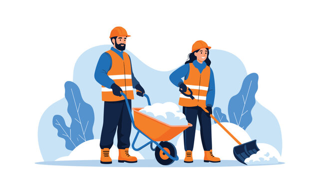 Construction workers in safety vests and helmets clearing snow from a path using a wheelbarrow and a shovel in a snowy outdoor area.