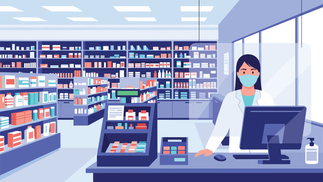 Friendly female pharmacist wearing a blue protective mask while standing behind the counter in a well-stocked pharmacy with many medicines.