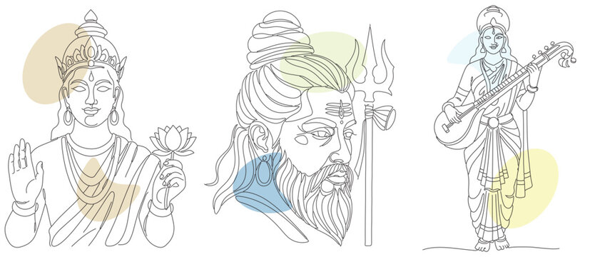 Elegant Hindu Deities Line Art Collection: Shiva, Lakshmi, and Saraswati Illustrations