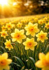 Fototapeta premium Golden yellow daffodils in bloom at sunrise on a sunny field. Spring flowers.