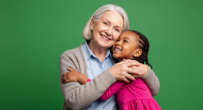 Smiling woman and little girl hugging closely on an isolated green screen background. Happy family moment.