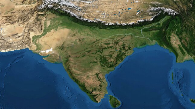 Satellite view of indian subcontinent showing diverse topography and coastal regions.