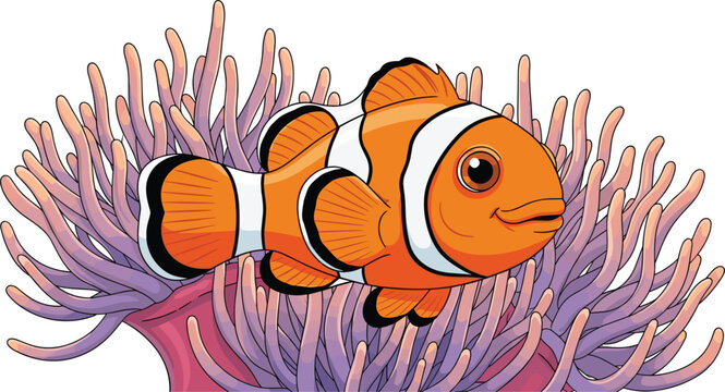 Cartoon Illustration of a Clownfish Swimming in a Purple Anemone, Vibrant Ocean Scene, Ideal for Marine Life and Underwater Illustrations