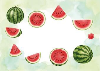 Fototapeta premium Watercolor-style fresh watermelon illustration, sliced ripe summer fruit ／ 水彩スイカ