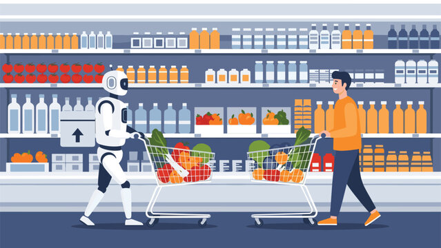 Futuristic robot and young man shop together in a grocery store aisle filled with various food products and drinks on shelves.