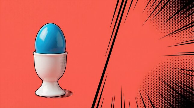 Blue egg in white ceramic cup on red comic book background. Pop art style illustration with halftone dots and action lines. Creative breakfast or Easter concept