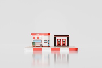 3d convenience store gas station icon. roadside retail concept. minimal cartoon shop fuel pump kiosk for service locator app. isolated on white transparent background. 3d render. © Theeraphat