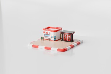 3d convenience store gas station icon. roadside retail concept. minimal cartoon shop fuel pump kiosk for service locator app. isolated on white transparent background. 3d render. © Theeraphat