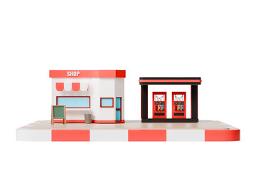 3d convenience store gas station icon. roadside retail concept. minimal cartoon shop fuel pump kiosk for service locator app. isolated on white transparent background. 3d render. © Theeraphat