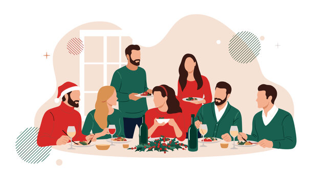 Friends and family gather around a festive dinner table to celebrate Christmas together wearing red and green holiday sweaters.