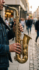 Obraz premium Close-up of male musician hands playing a polished brass saxophone on a sunlit city sidewalk with warm golden light soft bokeh and blurred pedestrians in an expressive intimate street performance