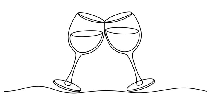 Minimalist single line drawing illustration of two wine glasses clinking together in celebration Vector, illustration