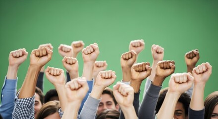 Fototapeta premium Diverse group of people raising clenched fists in protest. Activism and unity concept for green screen background.