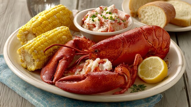 Lobster and crab from the Atlantic Ocean, served with corn and bread.