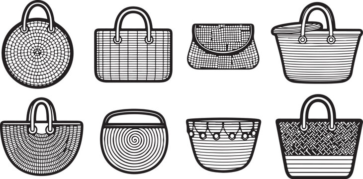Assorted woven and textured handbags in a simple line drawing style Vector