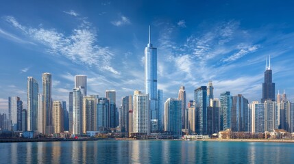 Obraz premium Stunning City Skyline with Skyscrapers Under Blue Sky in a Panoramic View
