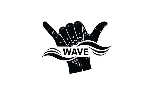 Minimalist black and white shaka hand sign illustration combined with stylized ocean waves and the word wave centered on a plain background.