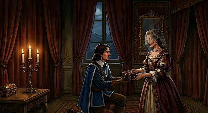 Man proposing with a ring to woman in elegant dress by candlelight  