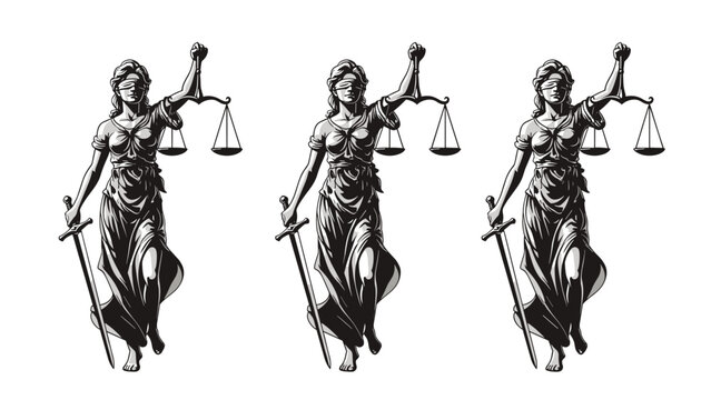 Three identical high contrast black and white illustrations of lady justice blindfolded holding a balanced scale and a sword representing law.