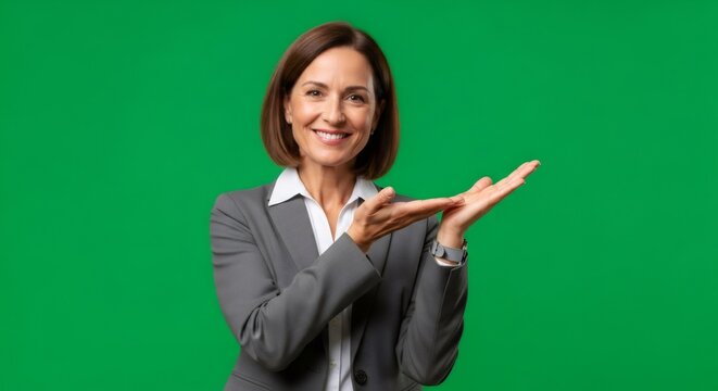 Businesswoman presenting copy space. Happy woman smiling and showing empty space. Visual communication using chroma key.