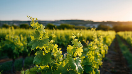Fototapeta premium Spring vineyard with autonomous robots navigating rows for yield prediction, agronomists comparing traditional methods against machine learning crop forecasts at twilight, perfect for smart farming 