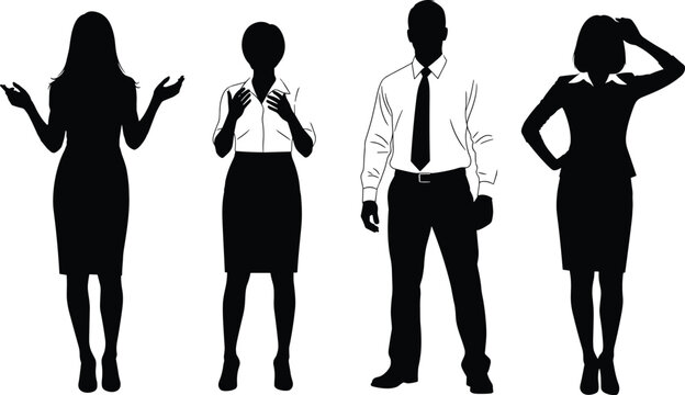 Professional business people silhouettes collection featuring diverse corporate staff in formal office wear standing with confident and expressive body language